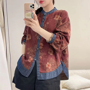 Áo sơ mi dài tay cổ đứng in hoa lá retro phối denim - NU9646