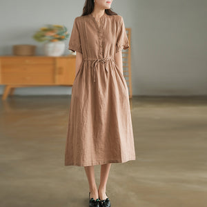 Đầm liền linen ngắn tay cổ V xếp ly đối xứng - NU8686
