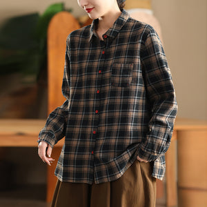 Áo sơ mi linen dài tay cổ đức kẻ caro một túi bo tròn - A699
