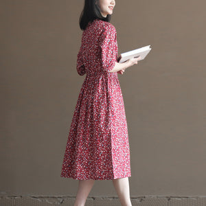 Đầm liền linen ngắn tay cổ pipi in hoa lá liti - NU10018