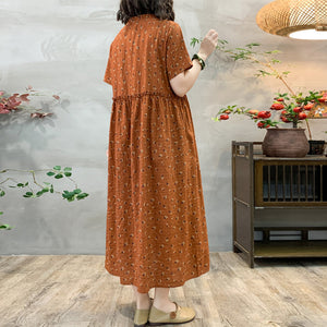 Đầm liền linen ngắn tay cổ V in hoa văn thêu một túi - D117