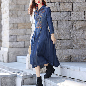 Đầm liền denim dài tay cổ cánh sen thêu hoa văn cân đối - NU9210