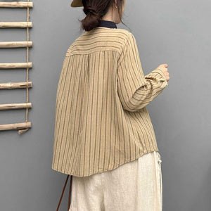 Áo sơ mi linen dài tay cổ đức kẻ sọc một túi - A683