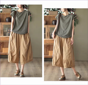 Quần baggy lửng lưng thun ống rộng xếp ly hai túi chéo - NU8977