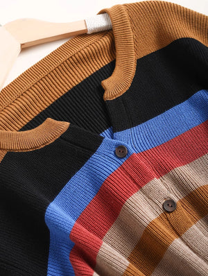 Áo khoác len đan cardigan dài tay cổ tròn kẻ sọc cầu vồng - NU9313