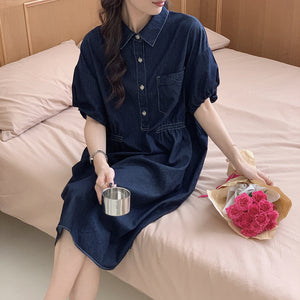 Đầm liền denim ngắn tay cổ đức chiết eo - NU10338
