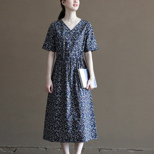 Đầm liền linen ngắn tay cổ V in những chiếc lá sắc màu - NU10019