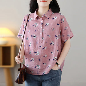 Áo sơ mi linen ngắn tay cổ đức in những chú chim - NU8815