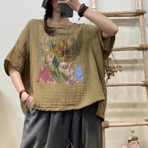 Áo T-shirt linen ngắn tay cánh dơi in hoa trừu tượng - NU8947