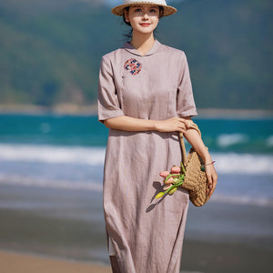 Đầm liền linen ngắn tay cổ tròn cánh sen thêu retro - NU9901