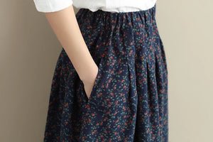Chân váy chữ A retro lưng thun xếp ly in hoa liti - NU9880
