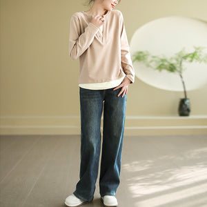 Áo T-shirt dài tay cổ V đính khuy kiểu hai lớp - NU9578