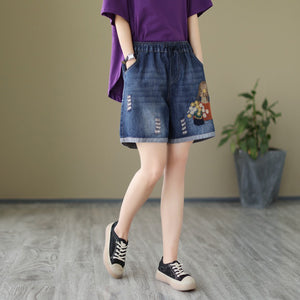 Quần sooc denim lưng thun thêu cô gái bên giỏ hoa - NU9881