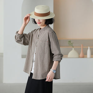 Áo sơ mi linen dài tay cổ đứng kẻ sọc caro - NU9837
