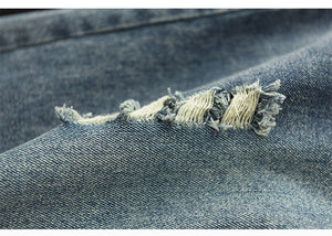Chân váy denim lưng thun dây rút thêu hoa lá retro mài rách - V008