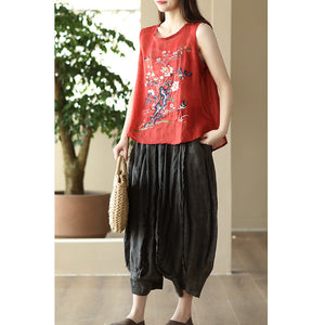 Áo T-shirt linen sát nách cổ tròn thêu tranh - NU8700