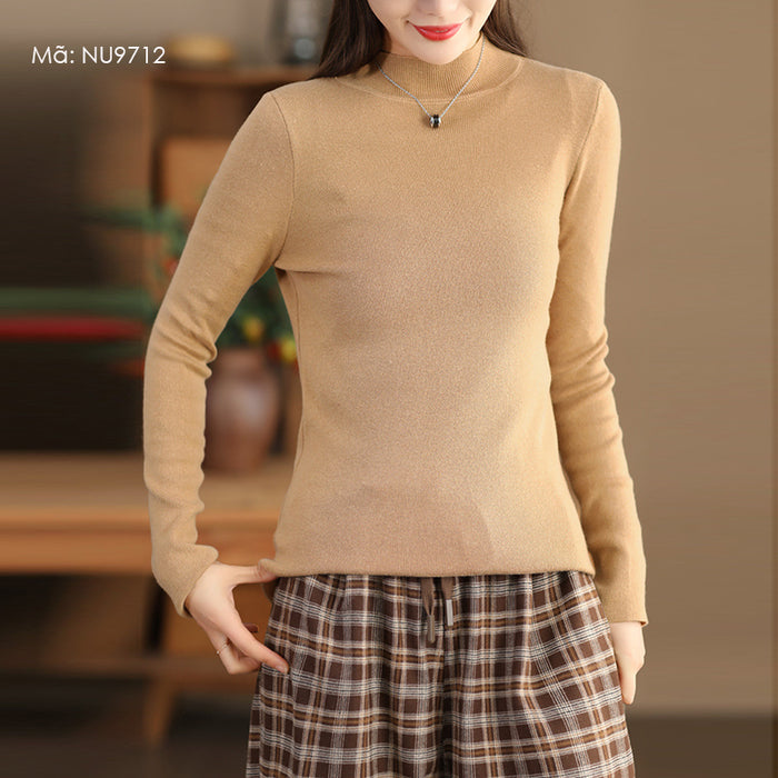 Áo len dệt kim dài tay cổ tròn lọ một màu - NU9712