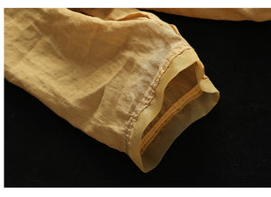 Áo sơ mi linen ngắn tay cổ V thêu hoa lá vạt kiểu xếp ren - NU8692