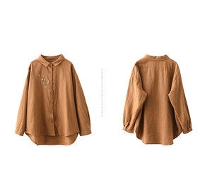 Áo sơ mi linen dài tay cổ đức thêu hoa vạt mullet - NU9798