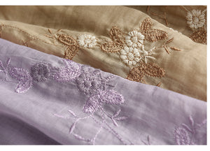 Áo sơ mi organza ngắn tay cổ tròn thêu hoa lá - A010