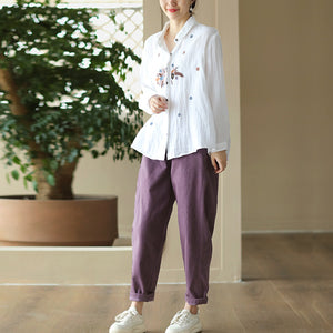 Áo sơ mi dài tay cổ pipi thêu hoa lá khuy ẩn - NU9086