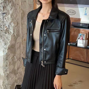 Áo khoác da dài tay cổ đức retro túi trước ngực - A504