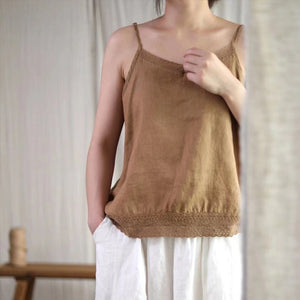 Áo T-shirt linen hai dây sát nách cổ V kiểu ren viền - NU8418
