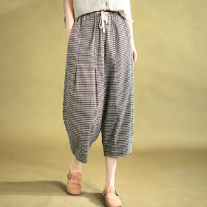 Quần baggy linen lửng lưng thun kẻ caro - NU10125