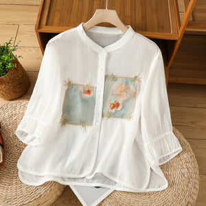 Áo sơ mi linen ngắn tay cổ đứng thêu miếng vá hoa lá  - A852