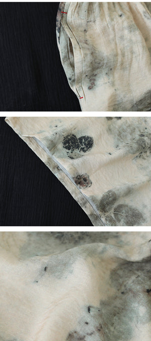 Đầm liền linen hai dây retro in hoa lá màu loang - D002