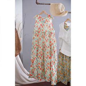 Đầm liền linen sát nách cổ tròn in hoa lá - NU8967