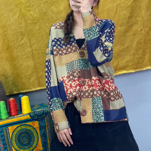 Áo khoác len cardigan dài tay cổ V in hoa văn retro - NU9190