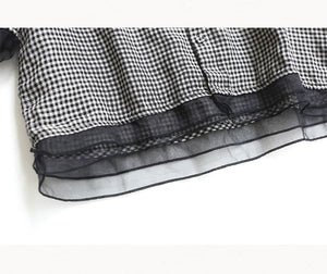 Áo sơ mi linen ngắn tay cổ đứng xẻ V kẻ caro - NU9020