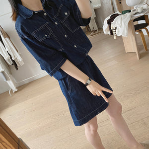 Bộ đồ denim gồm quần sooc và áo sơ mi ngắn tay cổ đức - NU8682