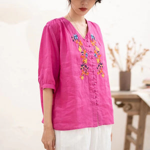 Áo sơ mi linen ngắn tay cổ V thêu hoa lá khuy tròn - NU10059