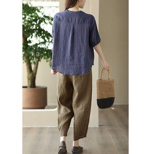 Áo sơ mi linen ngắn tay cổ tròn một túi hoa lá - NU8812