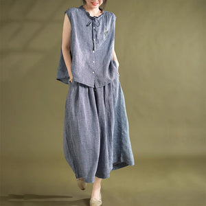 Bộ đồ linen gồm áo sơ mi sát nách một túi và quần baggy ống rộng lưng cao kẻ caro - NU9056