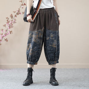 Quần baggy lửng denim lưng thun dây rút in hoa văn - NU8674