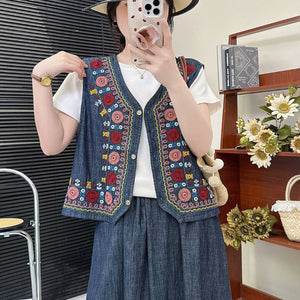 Áo khoác gile denim cổ tròn thêu hoa hoa văn thổ cẩm - A960