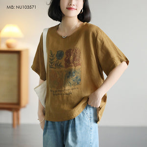 Áo T-shirt linen ngắn tay cổ tròn in hoa lá và chim retro - NU10357