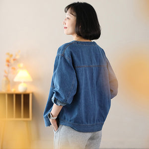 Áo khoác denim retro dài tay cổ tròn một túi vuông - NU9098