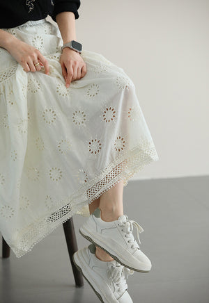 Chân váy linen lưng thun thêu retro hai lớp  - NU10077