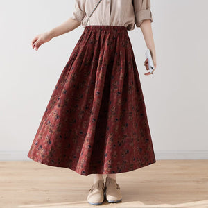 Chân váy linen retro lưng thun chữ A in hoa liti - NU9982
