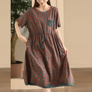 Đầm liền linen ngắn tay cổ tròn một túi ren eo cột dây - D007