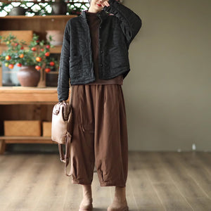 Áo khoác dài tay retro trần bông cổ đứng hai túi vuông - NU9338