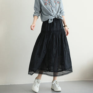 Chân váy linen lưng thun thêu retro hai lớp  - NU10077