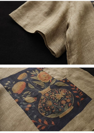 Áo T-shirt linen ngắn tay cổ tròn hoa lá tĩnh vật - NU10154