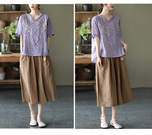 Quần baggy lửng linen lưng thun ống rộng kèm thắt lưng - NU8763