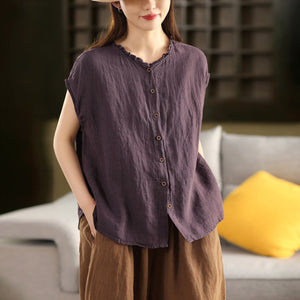 Áo sơ mi linen sát nách cổ tròn xếp ly - A812