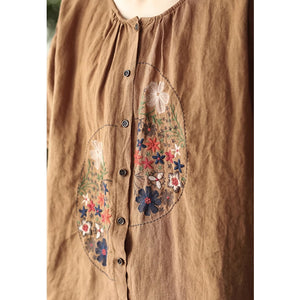 Áo sơ mi linen ngắn tay cổ tròn thêu hoa lá lệch - NU8949